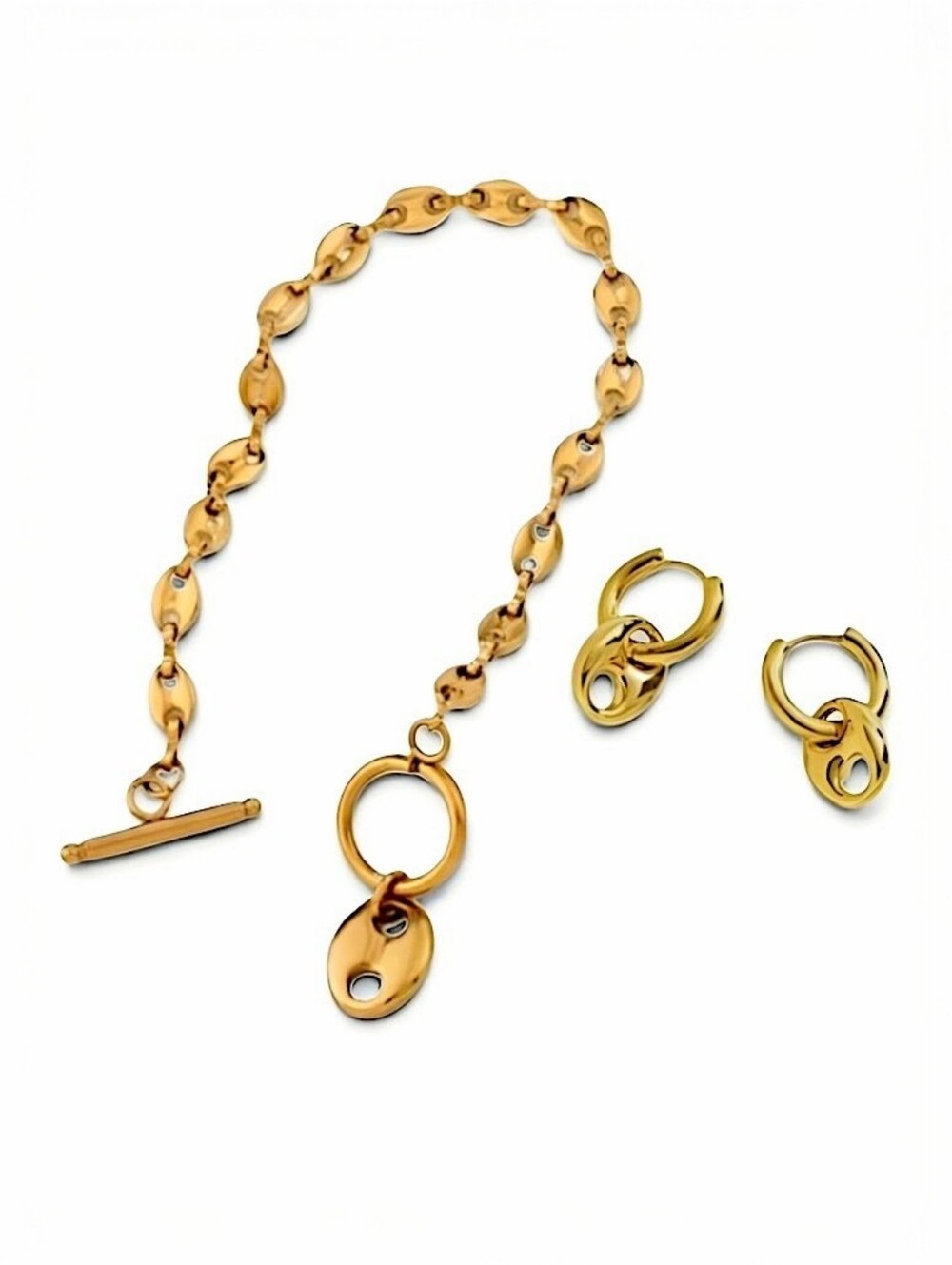 Coffee Bean Chain Bracelet & Earrings Set Gold Tone Statement Jewelry Set NWOT
